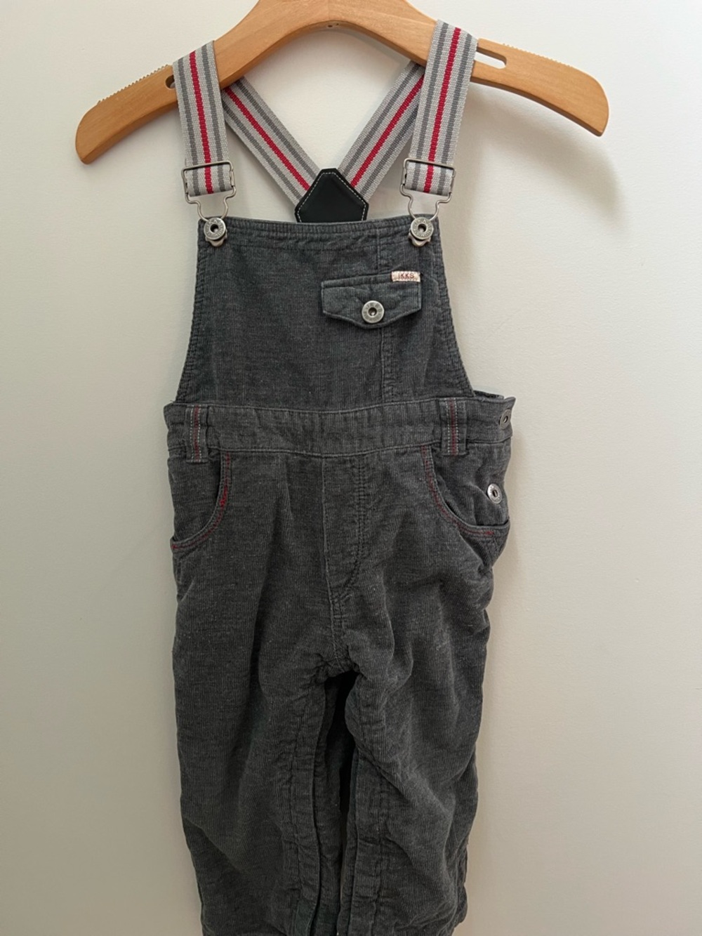Ikks Grey Corduroy Overalls with Red-Trim Striped Suspenders